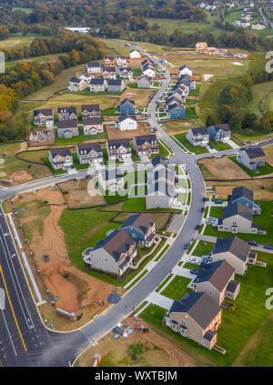 Aerial landscape of typical American new construction neighborhood in Maryland for the upper middle class, single family homes real estate Stock Photo