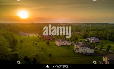 Aerial panorama of American luxury real estate neighborhood in Maryland with single family houses, mansions, high quality buildings with lot of land Stock Photo