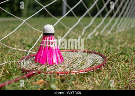 Pink feathered shuttlecock on racket with a badminton net on green grass Stock Photo