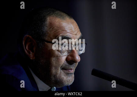 Maurizio Sarri attends the Press Conference before the UEFA Champions League match between Atletico de Madrid and Juventus at Wanda Metropolitano Stadium in Madrid. Stock Photo