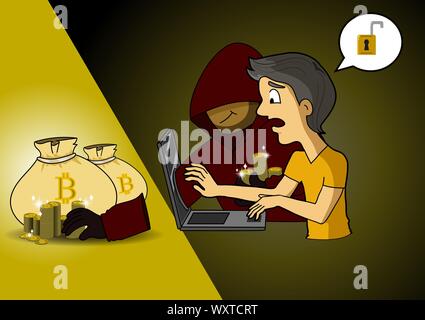 Cartoon hacker hiding his face under hood reach hand through a laptop screen for stealing bitcoin cryptocurrency Stock Vector