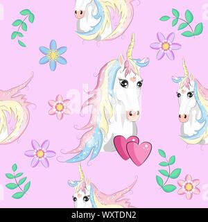 Cute unicorns seamless pattern. Kids pattern with unicorns, flowers, balloons, clouds and rainbow Stock Vector