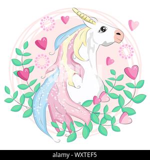 beautiful unicorn card, unicorn head inside a frame of hearts Stock Vector