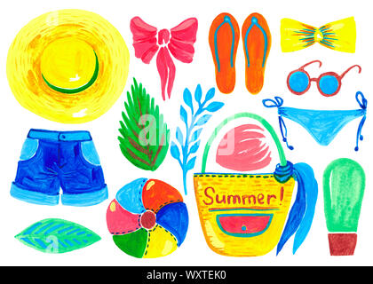 Set women summer accessories for travel and the beach. Watercolor illustration Stock Photo