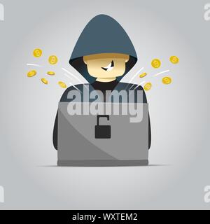 Cartoon hacker hiding his face under hood breaks computer security system and steal bitcoin cryptocurrency Stock Vector