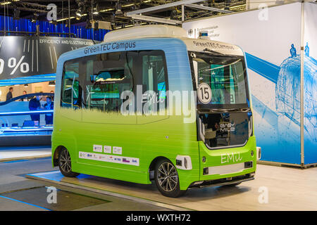 FRANKFURT, GERMANY - SEPT 2019: green blue EASYMILE EZ10 a battery-powered autonomous electric bus designed and marketed by EasyMile, IAA Internationa Stock Photo