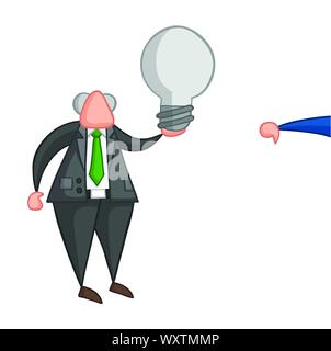 Hand-drawn vector illustration of boss holding bad light bulb idea and businessman showing thumbs-down. Color outlines and colored. Stock Vector