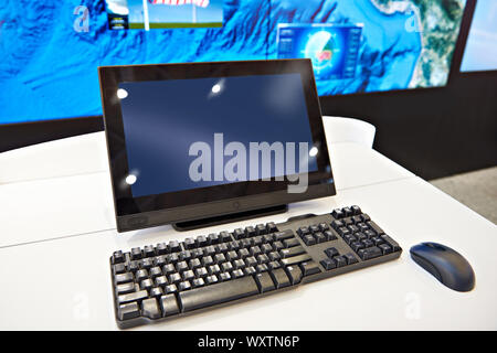 Workplace with keyboard mouse and monitors Stock Photo