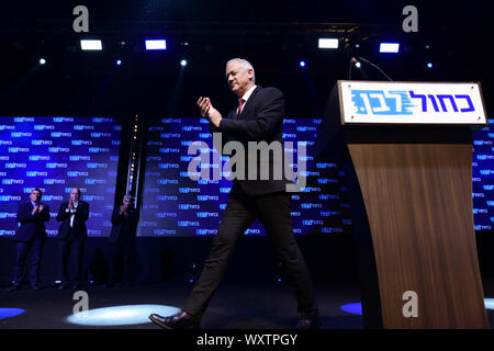 Tel Aviv, Israel. 17th Sep 2019. Blue and White party leader Benny Gantz reacts during a rally with supporters in Tel Aviv, Israel, Sept. 17, 2019. Israeli Prime Minister Benjamin Netanyahu's main challenger Benny Gantz said on Wednesday morning that it is too early to declare a victory in the country's parliamentary elections and called for a unity government. Credit: Xinhua/Alamy Live News Stock Photo