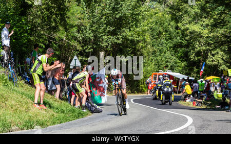 Bosdarros, France - July 19, 2019: The French cyclist Romain Bardet of Team  AG2R La Mondiale riding during stage 13, individual time trial, of Le Tou Stock Photo
