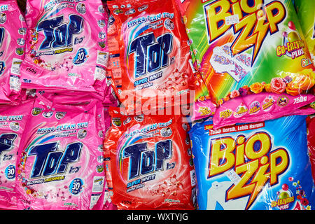 Powdered laundry detergent bags in Kuching, Sarawak, Borneo, Malaysia. The image is good for a phone, computer background. Stock Photo