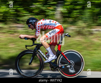 Bosdarros, France - July 19, 2019: The Belgian cyclist Tim Wellens of Team Lotto-Soudal  in Polka-Dot Jersey riding during stage 13, individual time t Stock Photo