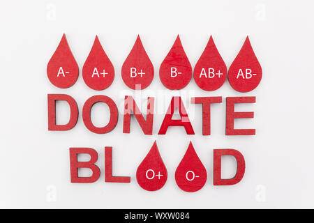 drops blood donation concept. Text donate blood with red drops on white background