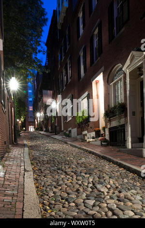 The famous cobbled street Beacon Hill historic district of Boston, Massachusetts at night, USA Stock Photo