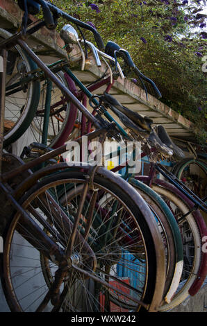 Close up of a mockup from an asian styled bicycle shop close up of the bikes in detail with contrasting colors Stock Photo