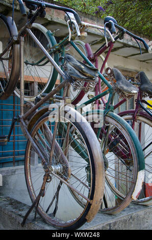 Close up of a mockup from an asian styled bicycle shop close up of the bikes in detail with contrasting colors Stock Photo