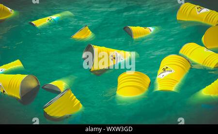 3d image render of yellow barrels with the radioactivity label dumped in the open sea. Stock Photo