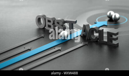 3D illustration of a blue arrow breaking the word obstacle, Concept of motivation and success. Stock Photo