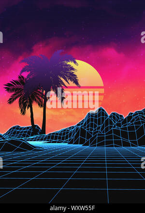 Neon glowing grid rocks and palm trees, futuristic landscape design, 3d illustration. Stock Photo