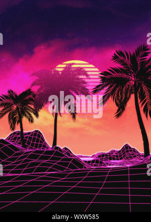 Neon glowing grid rocks and palm trees, futuristic landscape design, 3d illustration. Stock Photo