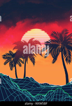 Neon glowing grid rocks and palm trees, futuristic landscape design, 3d illustration. Stock Photo