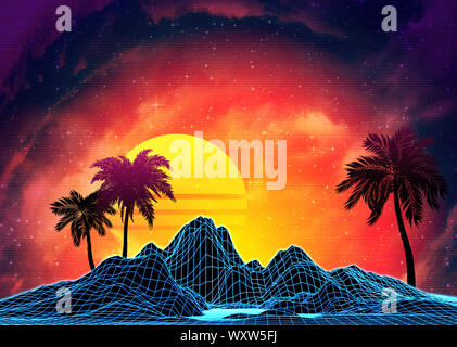 Neon glowing grid rocks and palm trees, futuristic landscape design, 3d illustration. Stock Photo