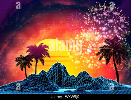 Neon glowing grid rocks and palm trees, futuristic landscape design, 3d illustration. Stock Photo