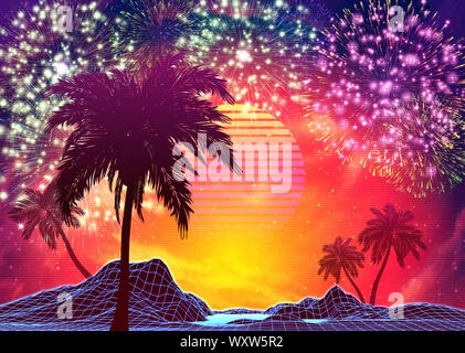 Neon glowing grid rocks and palm trees, futuristic landscape design, 3d illustration. Stock Photo