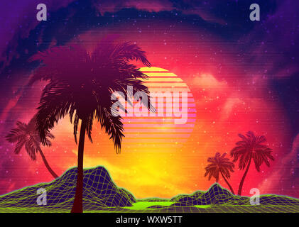 Neon glowing grid rocks and palm trees, futuristic landscape design, 3d illustration. Stock Photo