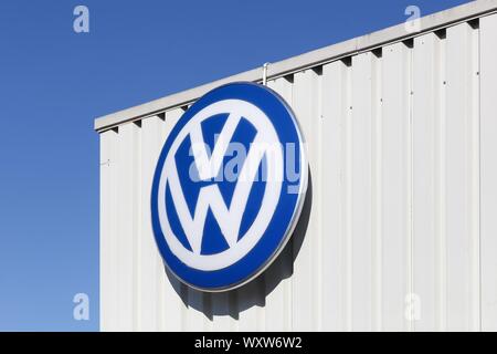 Horsens, Denmark - September 30, 2015: Volkswagen logo on a facade. Volkswagen is a German car manufacturer headquartered in Wolfsburg, Germany Stock Photo