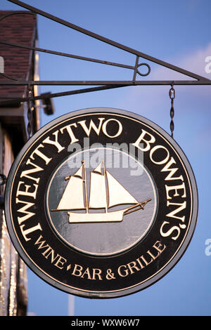 Sign for Twenty-two Bowen's wine bar and grill at Bowen's Wharf, Newport  Harbor, Rhode Island, USA Stock Photo