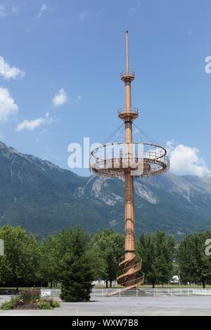 Albertville, France - July 24, 2015: The mast tower of the winter Olympic open ceremony in 1992 in Albertville, France Stock Photo