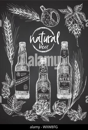 Set hand drawn sketch bottle and glasses beer, hop, wheat Vintage design bar, restaurant, cafe menu on black chalk board background. Creative template Stock Vector