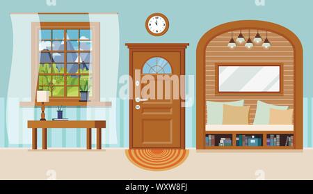 Cozy home entrance hall interior background with furniture. Stock Vector