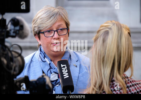Westminster, London, UK, 18th Sep 2019. Joanna Cherry QC MP, Justice and Home Affairs spokesperson for the SNP being interviewed by German television in front of the Supreme Court before the second day of hearings in the legality of the Prorogation of parliament, in wake of Brexit deadline . Stock Photo