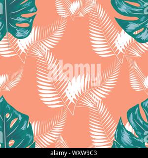 Nature seamless pattern. Hand drawn abstract tropical summer background: palm, monstera leaves in silhouette, line art, grunge, scribble textures. Stock Vector