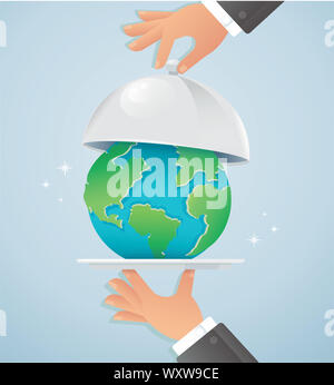 Hands holding silver cloche with earth. world food day Stock Photo