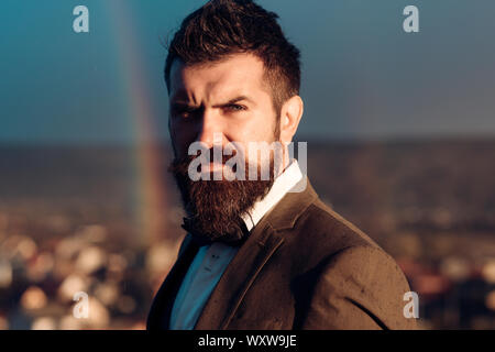 Man With Beard And Mustache And Scenery With Rainbow On Background