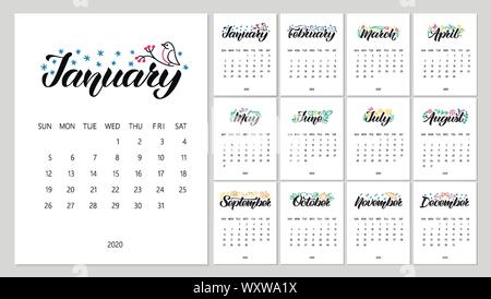Vector Calendar Planner for 2020 Year with handdrawn lettering and color doodles. Set of 12 Months. Week Starts Sunday. Stationery Design. Objects iso Stock Vector
