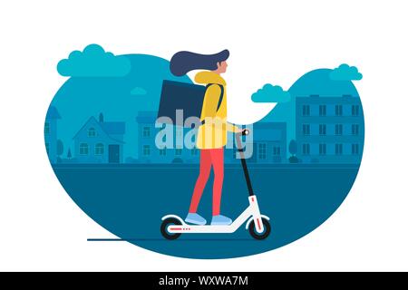 Hipster girl riding kick scooter. Young woman on modern electric eco  transport. Healthy active lifestyle and sport creative concept. Female  person driving ecology transportation. Vector illustration 5175314 Vector  Art at Vecteezy