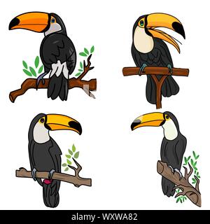 Exotic bird toucan. Hand drawn toucan on white background. Vector set of tropical birds isolated on white. Jungle tropical birds black color. Concept Stock Vector