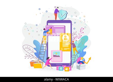 Tiny people are designing a mobile website. Stock Vector