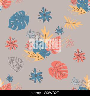 Abstract drawing in scandinavian style. Modern illustration with tropical leaves, grunge, marbling textures, doodles, minimal elements. Creative seaml Stock Vector