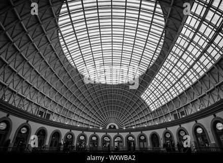 Wide-angle monochrome image of The Corn Exchange in Leeds, England Stock Photo