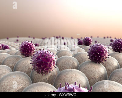 field of cells, viruses attack the cells, action of the human immune system Stock Photo