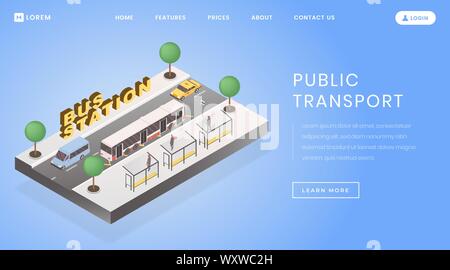 Bus stop, station landing page vector template. City transportation website homepage interface idea with flat vector illustrations. Interurban tours service web banner, webpage cartoon concept Stock Vector