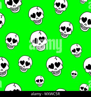 Deadly amur green background. Vector texture. Seamless background with hearts and skulls. Skull love heart pattern. Stock Vector