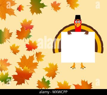 Funny turkey with a blank white banner on a background of autumn leaves Stock Vector
