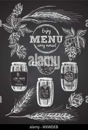 Set hand drawn sketch bottle and beer can, hop, wheat Vintage design bar, restaurant, cafe menu on black chalk board background. Creative template for Stock Vector