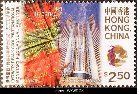 Hong Kong stock exchange on chinese postage stamp Stock Photo